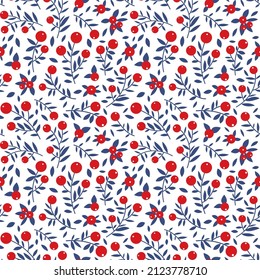 Vector ornament with cute minimalistic plants. Flat design with isolated elements. Illustrative pattern with berries for textiles, wrapping paper, surfaces. New Year, Christmas design.
