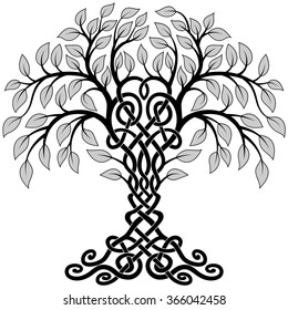 Vector ornament, decorative Celtic tree of life with grey leaves