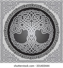 Vector ornament, decorative round celtic tree of life with celtic frame border