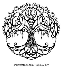 Vector ornament, decorative round celtic tree of life with dream catcher elements