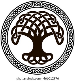 Vector ornament, decorative round Celtic tree of life with circular celtic border