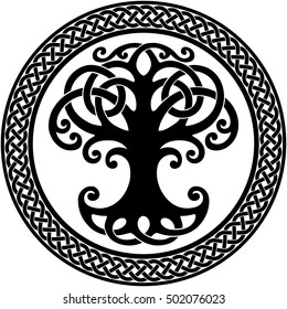 Vector ornament, decorative round Celtic tree of life with circular celtic border