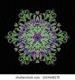 A vector ornament in east style. Design for the text, invitation cards, various printing editions. Seamless pattern with beige and violet elements on a black background.