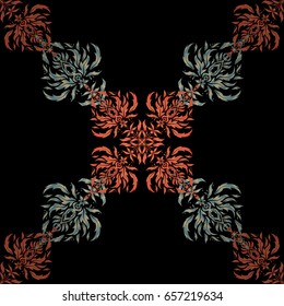 A vector ornament in east style. Design for the text, invitation cards, various printing editions. Seamless pattern with blue, beige and orange elements on a black background.