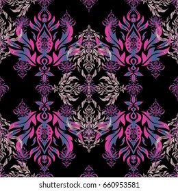 A vector ornament in east style. Design for the text, invitation cards, various printing editions. Seamless pattern with pink and blue elements on a black background.