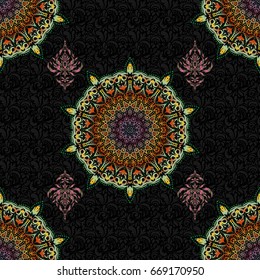 A vector ornament in east style. Design for the text, invitation cards, various printing editions. Seamless pattern with green, yellow and blue elements on a black background.