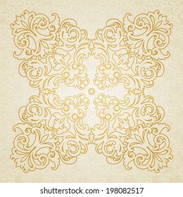 Vector ornament in Eastern style. Ornate element for design and place for text. Ornamental lace pattern for wedding invitations and greeting cards. Traditional golden decor on light background.