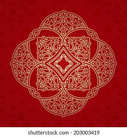 Vector ornament in Eastern style. Ornate element for design in Moroccan style. Ornamental lace pattern for wedding invitations and greeting cards. Traditional golden decor on red background.
