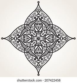 Vector ornament in Eastern style. Ornate element for design in Moroccan style. Ornamental lace pattern for wedding invitations and greeting cards. Traditional black decor on white background.