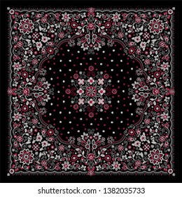 Vector ornament Embroidery floral Bandana Print, silk neck scarf or kerchief square pattern design style for print on fabric. Embroidery flowers for fashion products.