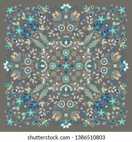 Vector ornament Embroidery floral Bandana Print, silk neck scarf or kerchief square pattern design style for print on fabric. Embroidery for fashion products.