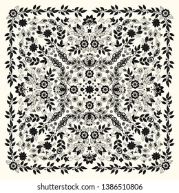 Vector ornament Embroidery floral Bandana Print, silk neck scarf or kerchief square pattern design style for print on fabric. Embroidery for fashion products.