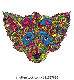 Vector ornament face of dog. Line art style. Color version. Coloring book. Isolated on white background.