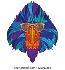Vector ornament face of fashion mandrill monkey with yellow eyeglasses and blue hair. Line art style. Isolated on white background. 