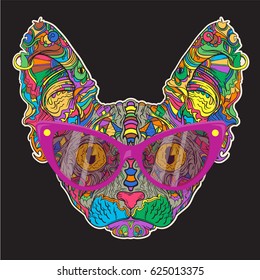 Vector ornament face of fashion sphinx cat with pink eyeglasses. Line art style. Isolated on black background. 