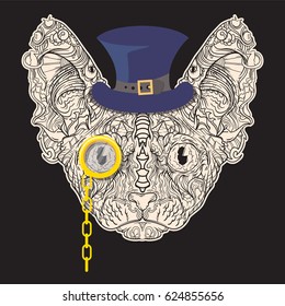 Vector ornament face of gentleman cat sphinx with blue hat and gold monocle. Line art style. Isolated on black background.