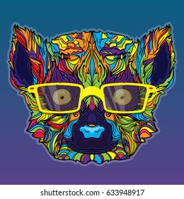 Vector ornament face of lemur with yellow eyeglasses. Illustration isolated on blue gradient. Fashion line art style.