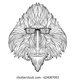 Vector ornament face of monkey with eyeglasses. Black and white version. Isolated on white background.
