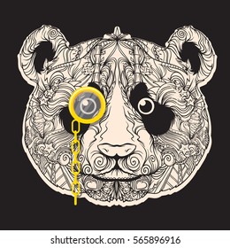 Vector ornament face of panda bear with monocle on eye. Isolated on black background.