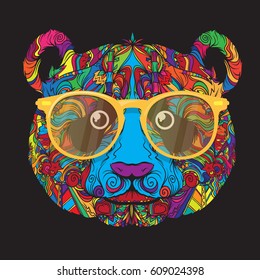 Vector ornament face of panda with fashion yellow eyeglasses. Line art style.