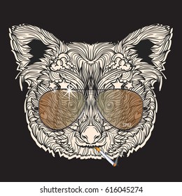 Vector ornament face of red panda with fashion eyeglasses and cigarette. Isolated on dark background.