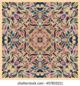 Vector ornament floral Bandana Print, silk neck scarf or kerchief square pattern design style for fabric. Apparel art. Pink beige blue.