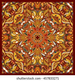Vector ornament floral Bandana Print, silk neck scarf or kerchief square pattern design style for fabric. Apparel art. Brown orange blue.