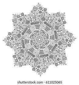 Vector ornament with flowers, hearts, stars, rounds. Doodle hand drawn coloring page for adult. Abstract illustration for anti stress coloring book. On white background.