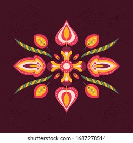 Vector ornament with flowers and leaves on the dark background. Floral composition. Ethnic motives.