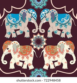 Vector ornament with funny indian elephants and flowers mandalas on dark brown background.