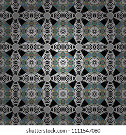 Vector ornament in gray, black and blue colors. Embroidery for fashion textile and fabric. Embroidery seamless pattern with abstract diagonal tiles.
