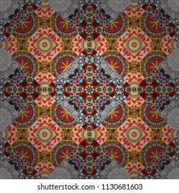 Vector ornament in gray, blue and brown colors. Embroidery for fashion textile and fabric. Embroidery seamless pattern with abstract diagonal tiles.