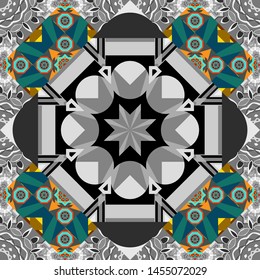 Vector ornament in gray, orange and blue colors. Embroidery seamless pattern with abstract diagonal tiles. Embroidery for fashion textile and fabric.