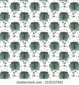 Vector ornament with green flowers on a white background. Flat design with isolated elements. Illustrative style pattern for textiles, wrapping paper, surfaces.