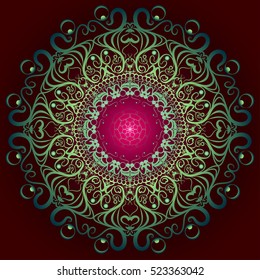 Vector ornament. Green round symmetrical pattern. Inscribed in a square. Mandala background, yoga, bandana.