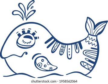 Vector ornament image. Whale. 
Pattern print design template  for children souvenir, clothes and textiles. Transparent background.
