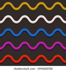 Ornamento vectorial como pasta de tubo. Amarillo, blanco, azul, rosa y rojo. Patrón de pasta ondulada. Bandas onduladas repetidas y sin incandescencia. Elemento repetido para el interior.
