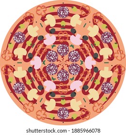 Vector Ornament Mandala Pizza with salami, mushrooms, olives, bell pepper and onion