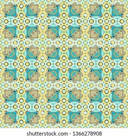 Vector ornament in neutral, yellow and blue colors. Embroidery seamless pattern with abstract diagonal tiles. Embroidery for fashion textile and fabric.