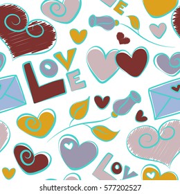 Vector ornament over a white background. Valentines day sketch. Stylized doodle hearts and love letter seamless pattern in yellow and blue colors.