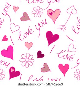 Vector ornament over a white background. Valentines day sketch. Stylized doodle hearts and letter seamless pattern in magenta, pink and purple colors.