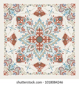 Vector ornament paisley Bandana Print, silk neck scarf or kerchief square pattern design style for print on fabric.