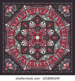 Vector ornament paisley Bandana Print, silk neck scarf or kerchief square pattern design style for print on fabric.