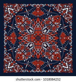 Vector ornament paisley Bandana Print, silk neck scarf or kerchief square pattern design style for print on fabric.