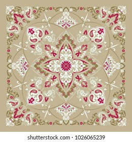 Vector ornament paisley Bandana Print, silk neck scarf or kerchief square pattern design style for print on fabric.