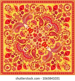 Vector ornament paisley bandana print, silk neck scarf or kerchief square pattern design style for print on fabric. Bandana paisley style. Orange red