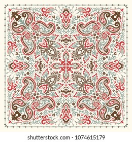 Vector ornament paisley Bandana Print, silk neck scarf or kerchief square pattern design style for print on fabric.