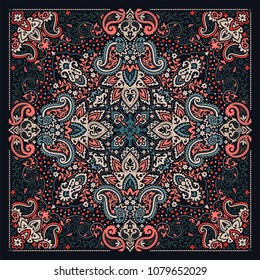 Vector ornament paisley Bandana Print, silk neck scarf or kerchief square pattern design style for print on fabric.