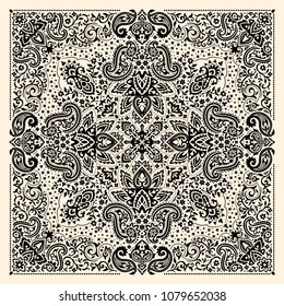 Vector ornament paisley Bandana Print, silk neck scarf or kerchief square pattern design style for print on fabric.