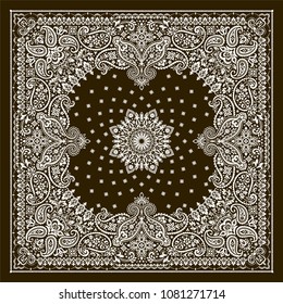 Vector ornament paisley Bandana Print, silk neck scarf or kerchief square pattern design style for print on fabric.